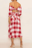 Sexy Plaid Print Split Joint Buckle Off the Shoulder Three Quarter Two Pieces