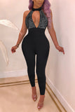 Polyester Elastic Fly Sleeveless Mid diamonds backless Patchwork pencil Pants  Jumpsuits & Rompers