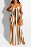 Fashion Sexy Striped Print Backless Slit Spaghetti Strap Sleeveless Dress