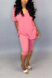 Fashion Casual V-Neck Top Pink Two-Piece Suit
