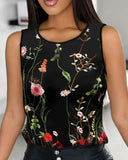 Plants Embroidery Round Neck Tank Top