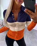 Colorblock Ruched Buttoned Long Sleeve Top