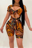 Sexy Print Bandage Hollowed Out Split Joint Knotted O Neck Skinny Jumpsuits