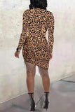 Sexy Round Neck Leopard Printing Brown Dress