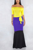 Fashion Casual Collar Short Sleeve Stitching Yellow Dress