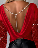 Contrast Sequin Pearls Strap Backless Twisted Top