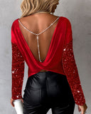 Contrast Sequin Pearls Strap Backless Twisted Top