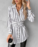 Striped Lace Up Front Shirt Dress