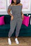 Casual Striped Split Joint Off the Shoulder Skinny Jumpsuits