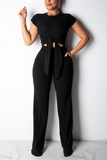 Fashion Casual Crop Short Sleeve Black Two-piece Set