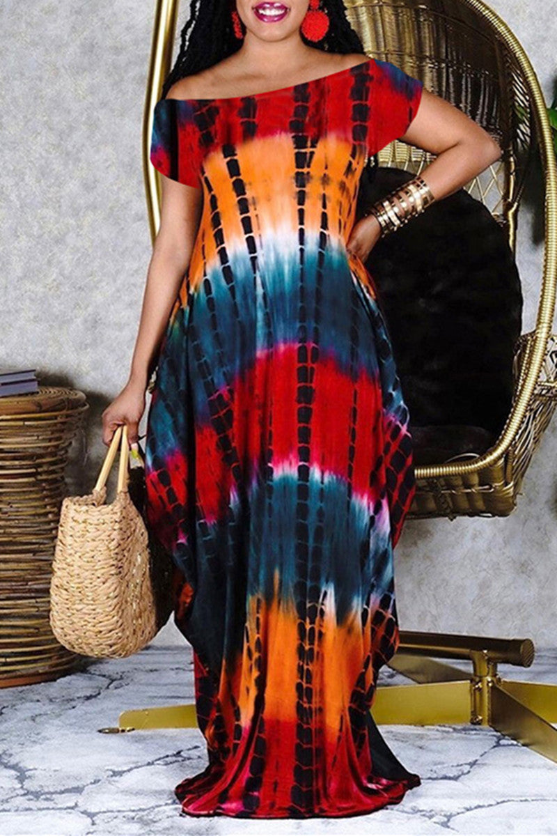 Fashion Casual Print Tie Dye Backless Off the Shoulder Short Sleeve Dress