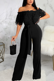 Casual Solid Lace Off the Shoulder Boot Cut Jumpsuits
