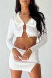 Casual Solid Patchwork Slit V Neck Long Sleeve Two Pieces