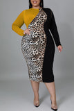 Casual Print Leopard Split Joint O Neck One Step Skirt Plus Size Dresses