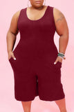 Casual Solid Pocket O Neck Plus Size Jumpsuits