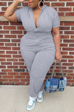 Fashion Casual Solid Basic Zipper Collar Plus Size Jumpsuits