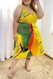 Sexy Print Split Joint Spaghetti Strap Waist Skirt Plus Size Dresses
