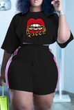 Casual Lips Printed Patchwork O Neck Short Sleeve Two Pieces