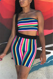 Sexy Striped Printing Strapless Top Shorts Multicolor Set