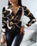 Chain Print Colorblock Long Sleeve Buttoned Top