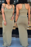 Sexy Fashion Spaghetti Strap Sleeveless Slip Step Skirt Floor-Length Striped Casual Dress
