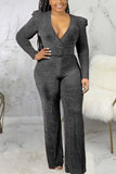 Sexy Solid Patch With Belt V Neck Regular Jumpsuits