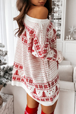 Casual Wapiti Snowflakes Christmas Tree Printed Split Joint  Contrast O Neck Dresses Sweater