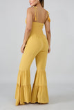 Sexy Off Shoulder Lotus Leaf Edge Yellow Jumpsuit