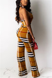 Fashion Plaid Print Halter Backless Yellow Jumpsuit