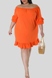 Casual Solid Patchwork Flounce Off the Shoulder Straight Plus Size Dresses