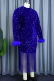 Party Formal Patchwork Tassel Sequins Half A Turtleneck Long Sleeve Dresses