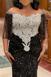 Elegant Solid Tassel Sequins Split Joint Appliques Off the Shoulder Straight Dresses