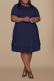 Casual Solid Flounce O Neck Cake Skirt Plus Size Dresses