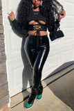 Sexy Faux Leather Solid Split Joint O Neck Long Sleeve Regular Sleeve Short Two Pieces