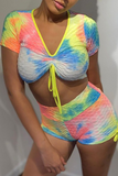 Sexy Print Draw String Tie-dye V Neck Short Sleeve Two Pieces