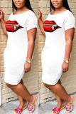 Sexy Fashion Lips Print White Short Sleeve Dress