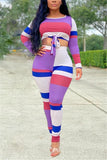 Fashion Casual Adult Pit Article Fabrics Striped Print Split Joint O Neck Long Sleeve Regular Sleeve Short Two Pieces