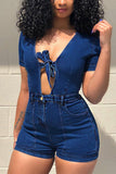 Fashion Sexy Short Sleeve Blue Denim Romper