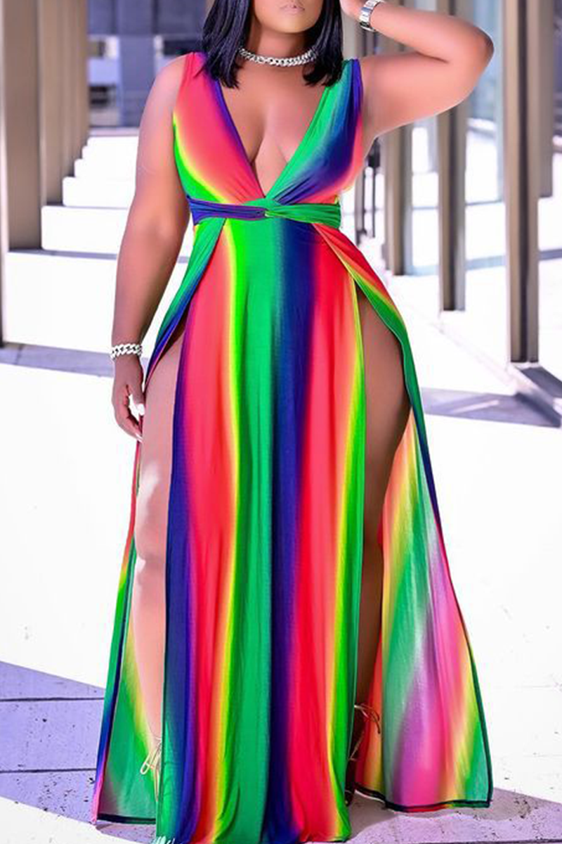 Sexy Print High Opening V Neck Plus Size Dresses