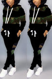 Fashion Patchwork Hooded Long Sleeve Black Camouflage Two-Piece Suit