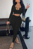 Fashion Casual Solid Basic V Neck Long Sleeve Two Pieces