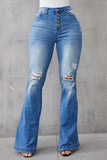 Fashion Casual Solid Ripped Buckle High Waist Regular Denim Jeans