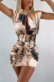 Fashion Sexy Print Hollowed Out Fold Turtleneck Denim Dress