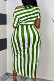 Fashion Casual Striped Print Asymmetrical Oblique Collar Short Sleeve Dress Plus Size Dresses