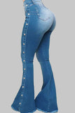 Fashion Street Solid Rivets Split Joint Water Wash High-waisted Boot Cut Denim Jeans