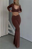 Fashion Sexy Solid Hollowed Out O Neck Long Sleeve Two Pieces