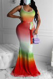 Sexy Tank Sleeveless Swagger Floor-Length Print Ombre Dresses