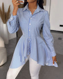 Striped Buttoned Long Sleeve Asymmetrical Top