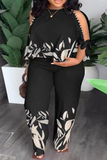 Casual Floral Patchwork Beading Knotted O Neck Plus Size Two Pieces