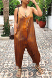 Sexy Striped Printed Brown Sling Loose Jumpsuit